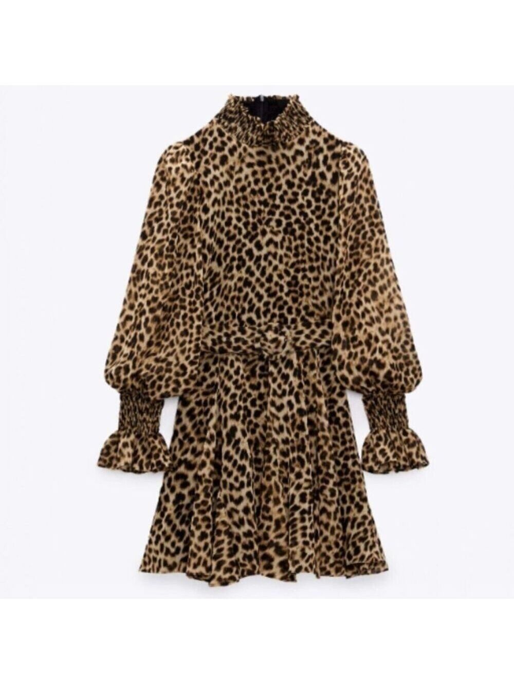 ZARA Leopard Animal Print Peasant Mini Dress Bishop Sleeves Belted Size NWT - Picture 3 of 7
